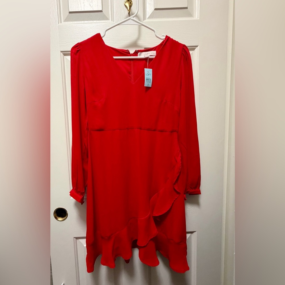 LOFT Vibrant Red Long Sleeve Ruffle-Trim Dress